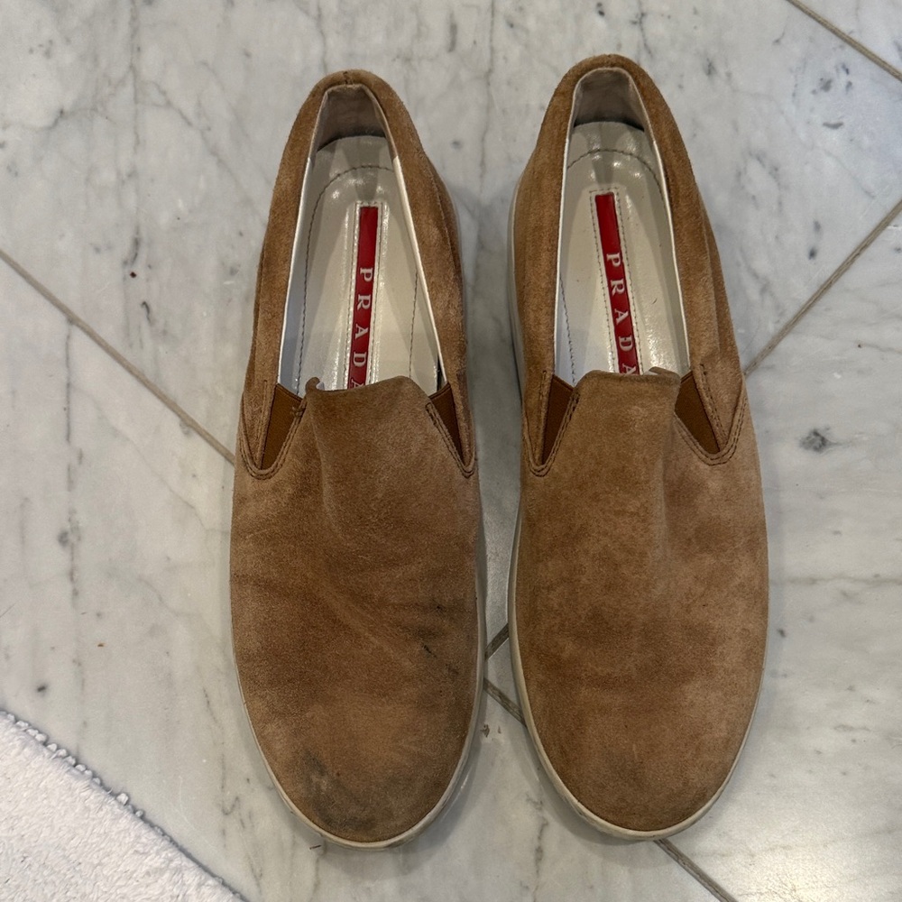Prada Tan Suede Slip-On Loafers